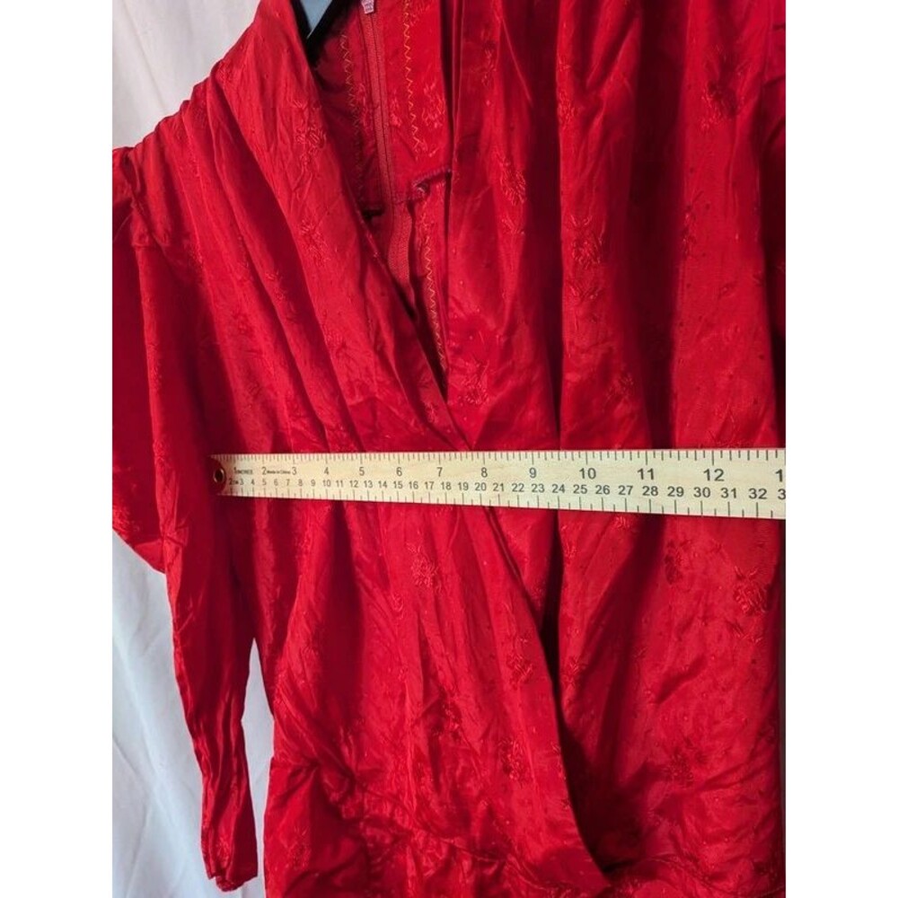 True Vintage 80s Red Silky Puff Sleeve Ruched Midi Dress - No Size-Best Fit XXS - Picture 9 of 10
